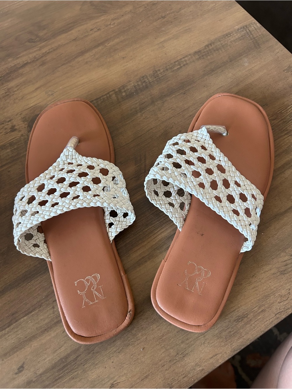 New York & Company White Braided Slide Sandals with Tan Footbed